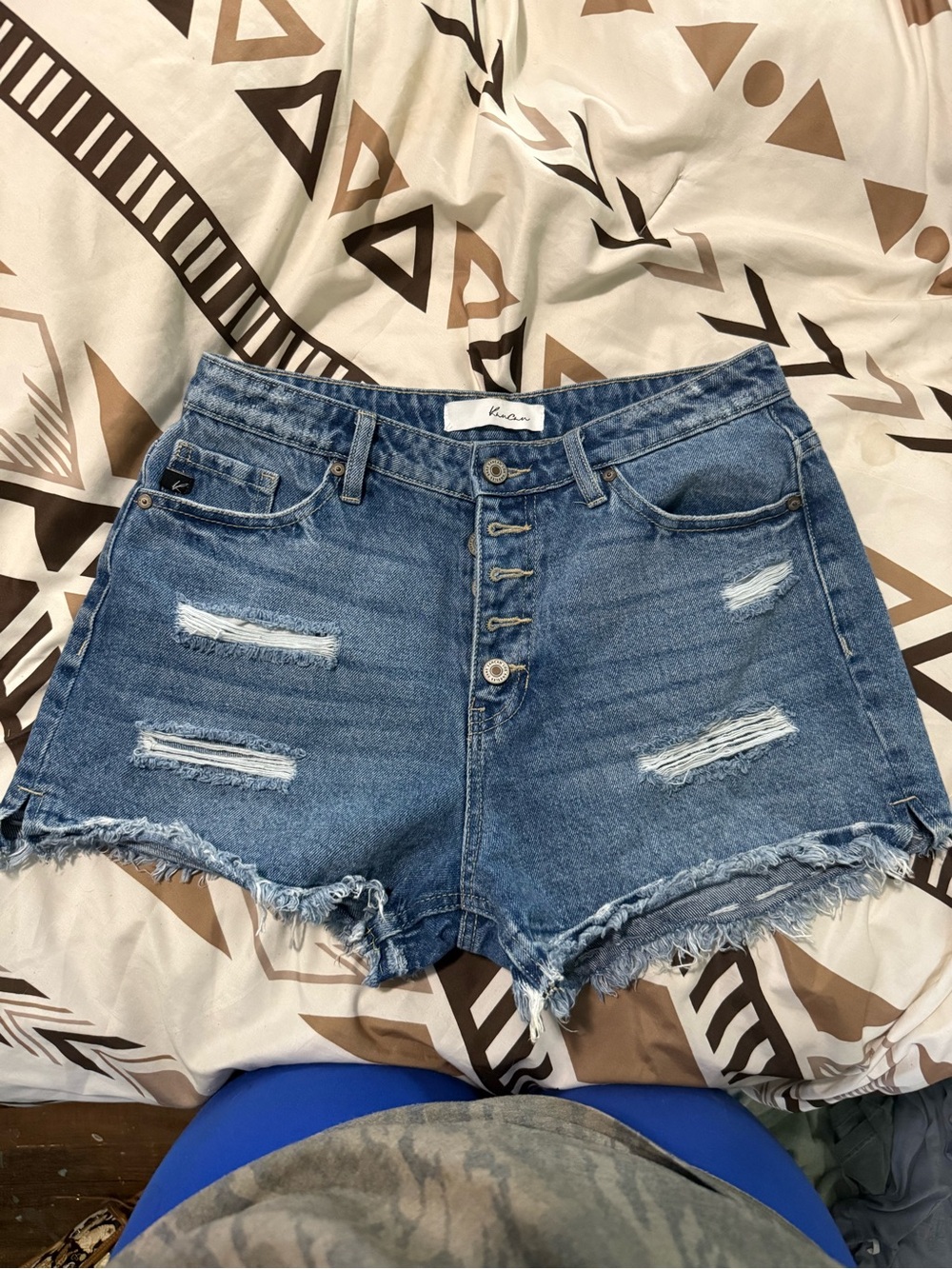 KanCan Distressed Button-Front Denim Shorts - Blue
